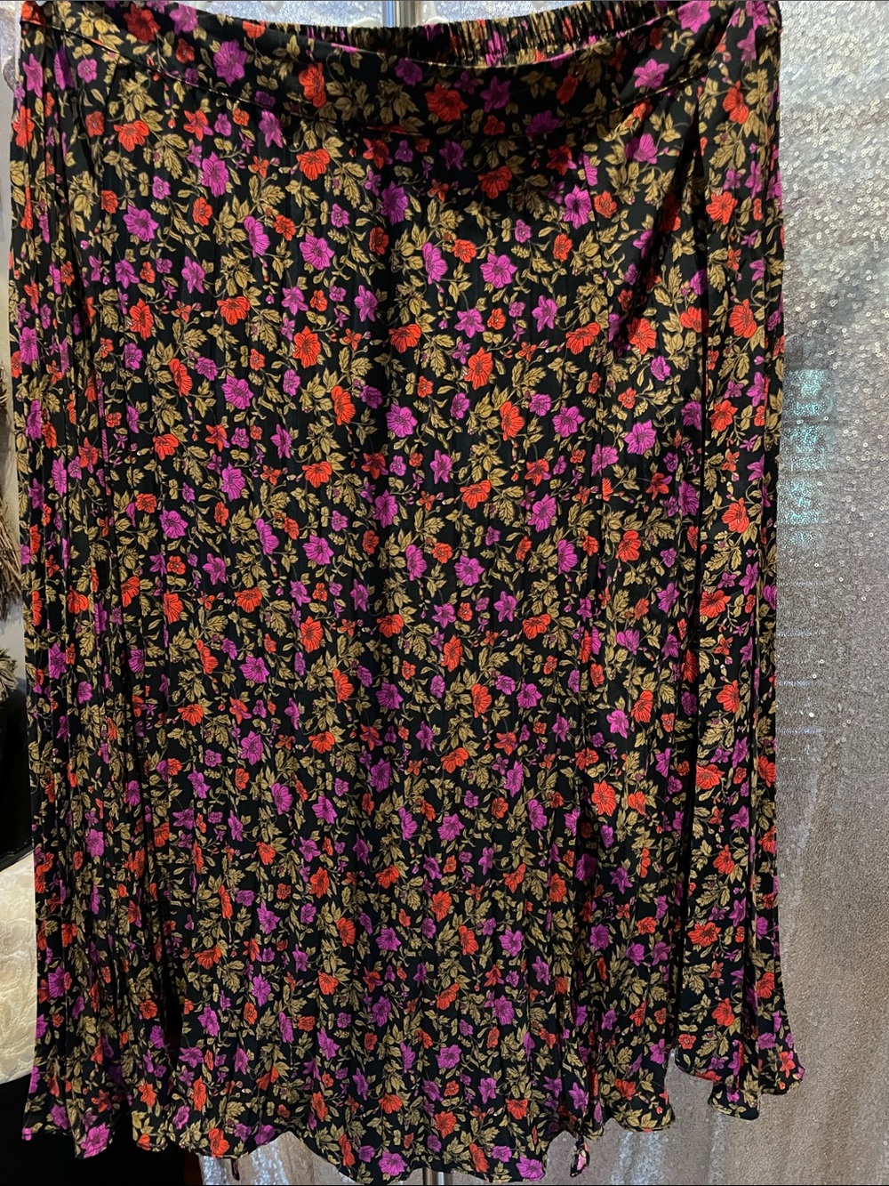 Skies Are Blue Black Floral Midi Skirt with Red & Purple Blooms NWT
